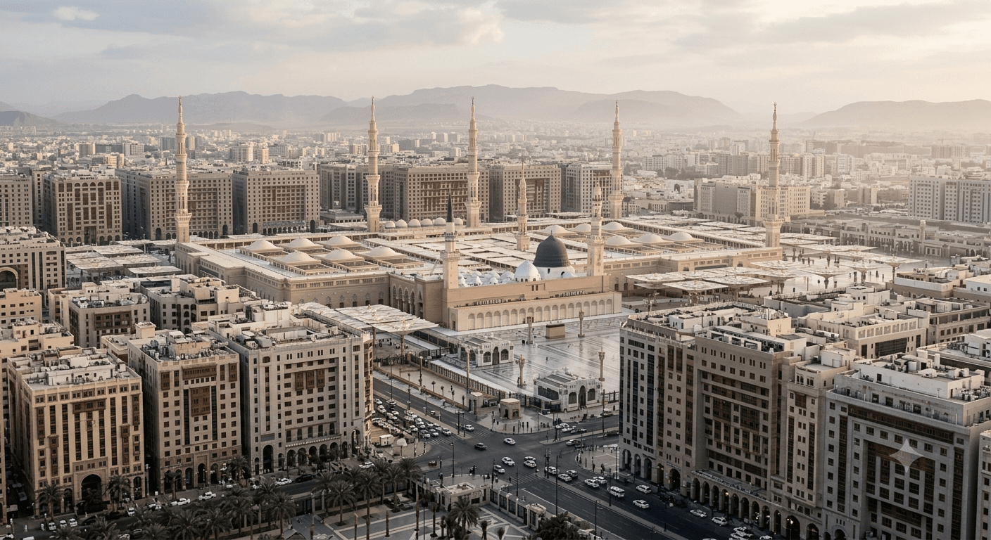 Al-Masjid an-Nabawi in Madinah, its green dome rising above the surrounding city